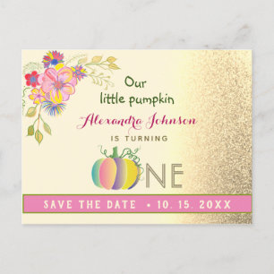 1st Birthday Save The Date Pumpkin Pink and Gold Announcement Postcard