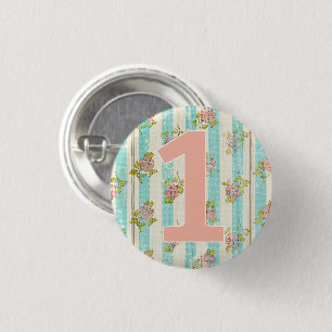 1st Birthday Shabby Chic Roses Cottage Floral Baby 1 Inch Round Button