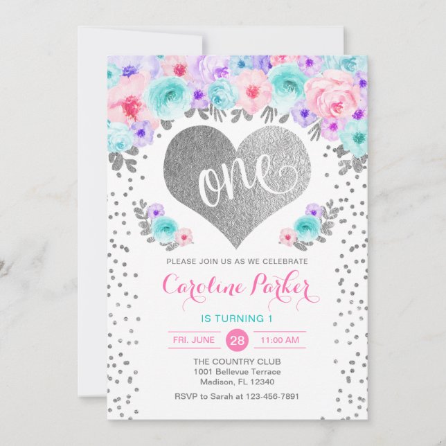 1st Birthday - Silver Heart Teal Purple Pink Invitation (Front)