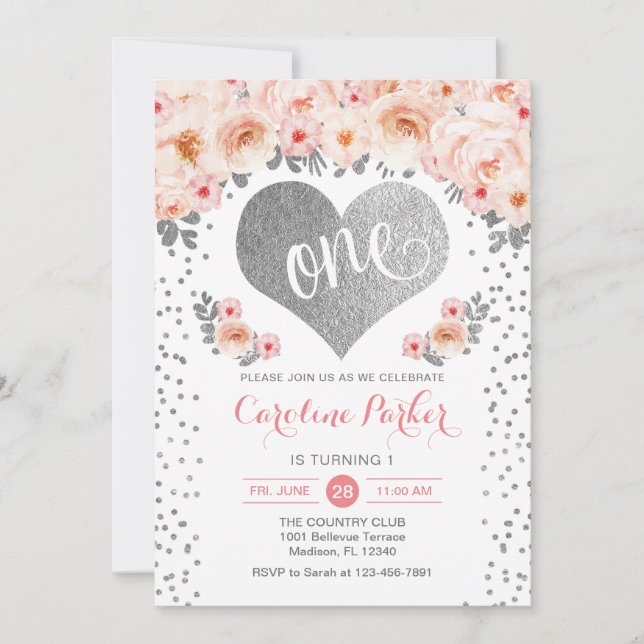 1st Birthday - Silver Heart White Pink Floral Invitation (Front)