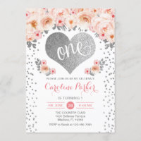1st Birthday - Silver Heart White Pink Floral