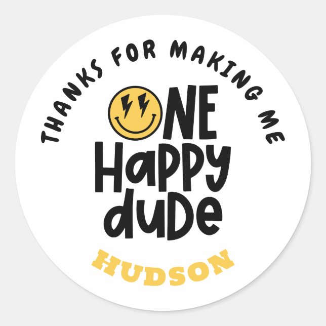 1st birthday smile face retro black white groovy classic round sticker (Front)