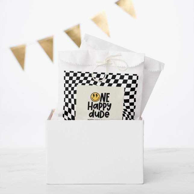 1st birthday smile face retro black white groovy favour bag (Party)