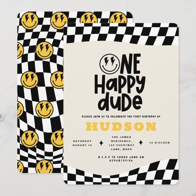 1st birthday smile face retro black white groovy invitation (Front/Back)