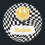 1st birthday smile face retro black white groovy large clock<br><div class="desc">One happy dude birthday smile face retro black,  white and yellow groovy lightening bolt cool birthday party decor clock.</div>