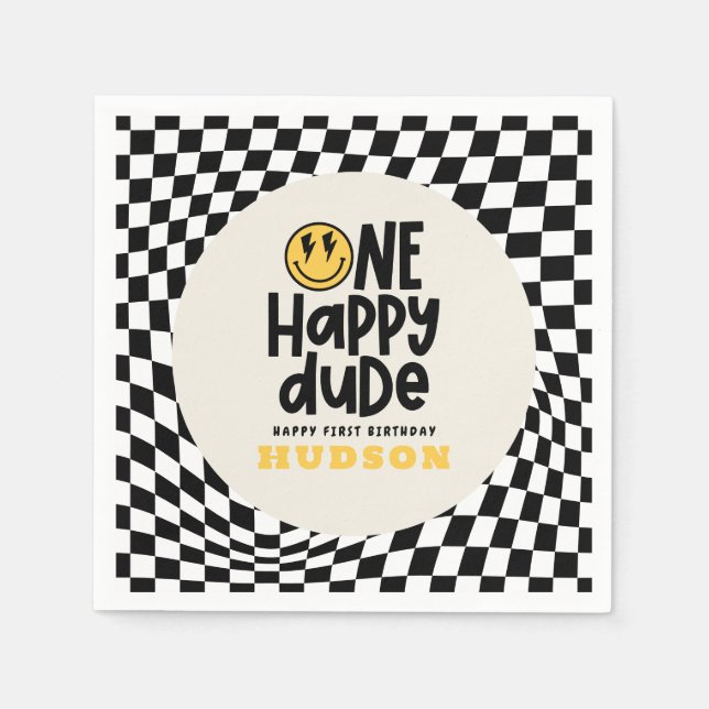 1st birthday smile face retro black white groovy napkin (Front)