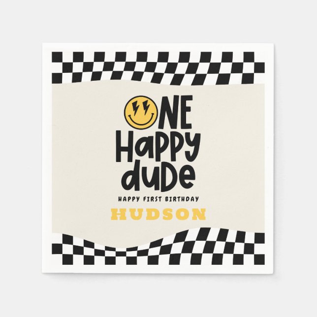 1st birthday smile face retro black white groovy napkin (Front)