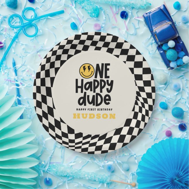 1st birthday smile face retro black white groovy paper plate