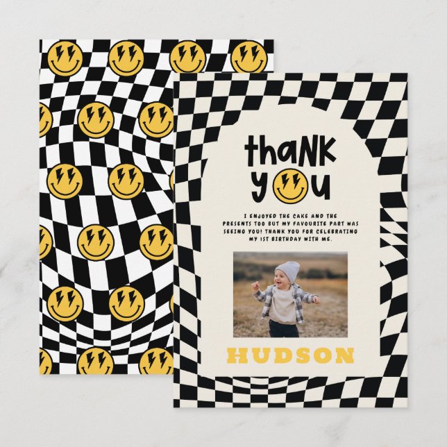 1st birthday smile face retro black white groovy thank you card (Front/Back)