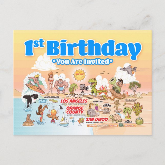 1st Birthday SoCal Invitation Postcard (Front)