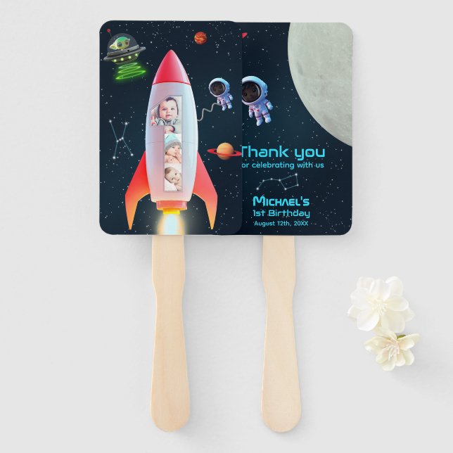 1st Birthday Space Rocket | Huge One Thank You Hand Fan (Front and Back)