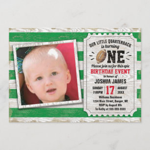 1st Birthday Sports Football Rustic Green Photo  Invitation