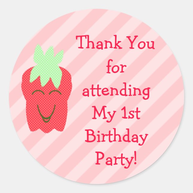 1st Birthday Strawberry Thank You Stickers (Front)
