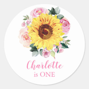 1st Birthday Sunflower Pink Floral Personalized Classic Round Sticker