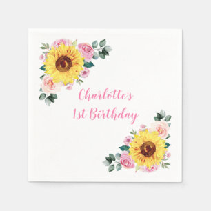 1st Birthday Sunflower Pink Floral Personalized Napkin
