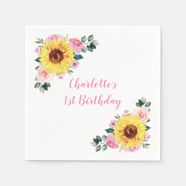 1st Birthday Sunflower Pink Floral Personalized Napkin (Front)