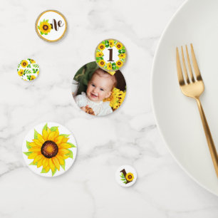 1st Birthday Sunflower Rustic Wood One Photo Confetti