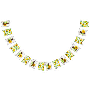 1st Birthday Sunflower & Rustic Wood Party Decor Bunting Flags