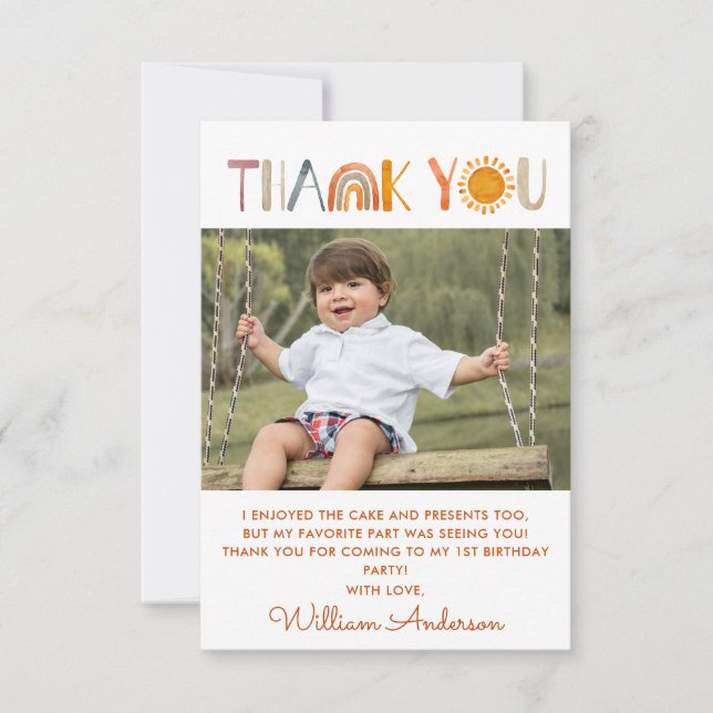 1st Birthday  Sunshine Watercolor Thank You Photo Card (Front)