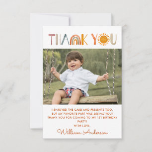 1st Birthday  Sunshine Watercolor Thank You Photo Card