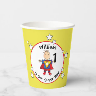 1st Birthday Superhero Cartoon Yellow Red Blue Paper Cups