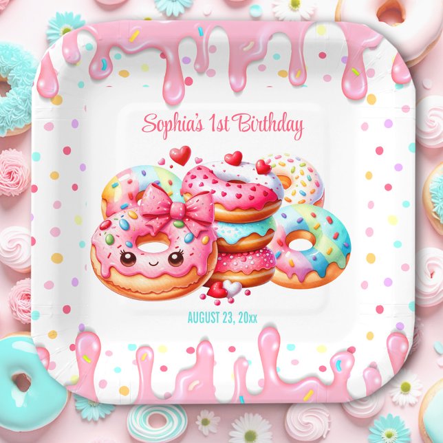 1st Birthday Sweet One Cute Doughnut Pink Girl Squ Paper Plate (1st Birthday Sweet One Cute Donut Pink Girl Square Paper Plates)