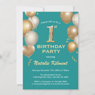 1st Birthday Teal and Gold Glitter Balloons Invitation