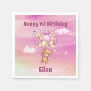 1st Birthday Teddy Bear Balloon Pink Girl Napkin