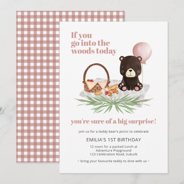 1st Birthday Teddy Bear Picnic Pink Checked Invitation (Front/Back)