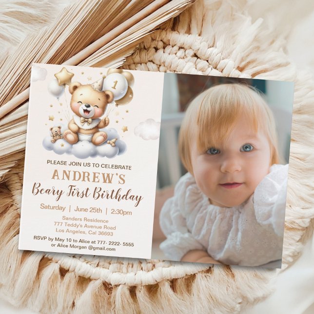 1st Birthday Teddy Bear with Brown Balloons Invitation (Creator Uploaded)