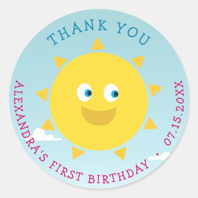 1st Birthday Thank You Sun Classic Round Sticker (Front)