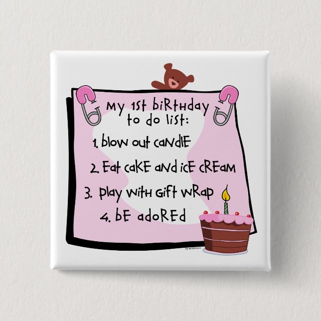 1st Birthday To Do's Pink 2 Inch Square Button (Front)
