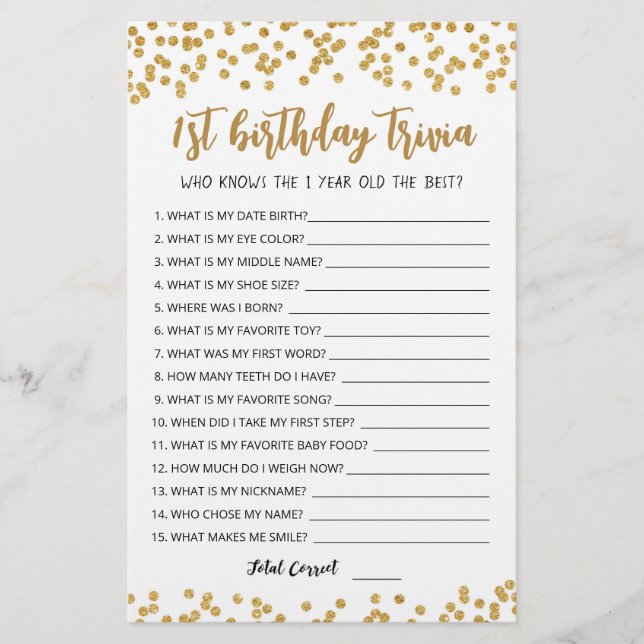 1st Birthday Trivia editable game (Front)