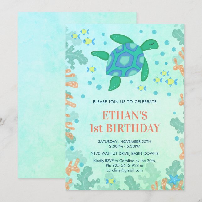 1st Birthday Turtle Under The Sea Party Invitation (Front/Back)