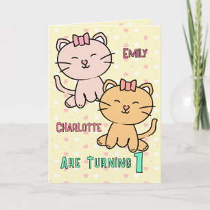 1st Birthday Twin Girls Cute Cat Cartoon Adorable  Card
