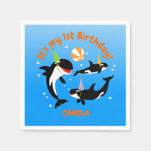 1st birthday under the sea orca whale baby girl napkin