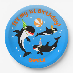 1st birthday under the sea orca whale baby girl paper plate