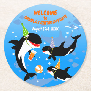 1st birthday under the sea orca whale baby girl round paper coaster