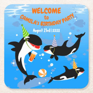 1st birthday under the sea orca whale baby girl square paper coaster