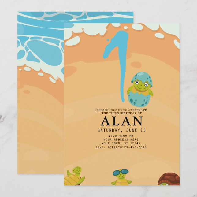 1st Birthday Under the Sea Watercolor TURTLE Invitation (Front/Back)
