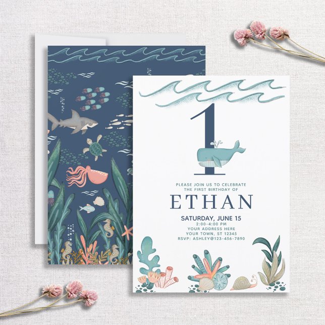 1st Birthday Under the Sea Watercolor Whale Invitation (Creator Uploaded)