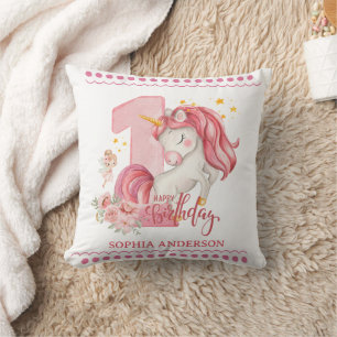 1st Birthday Unicorn Pink Little Girl Throw Pillow