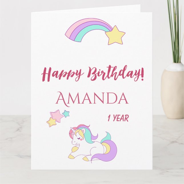 1st birthday unicorn pink white cute card (Front)