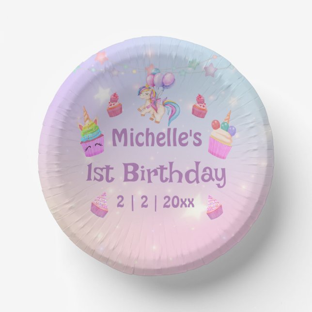 1st birthday unicorns cupcakes girly cute chic paper plate (Front)