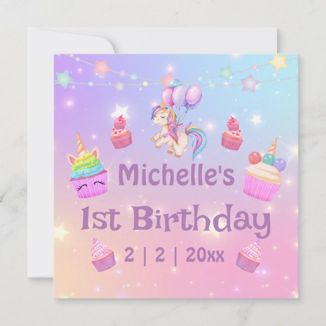 1st birthday unicorns cupcakes girly fun card (Front)