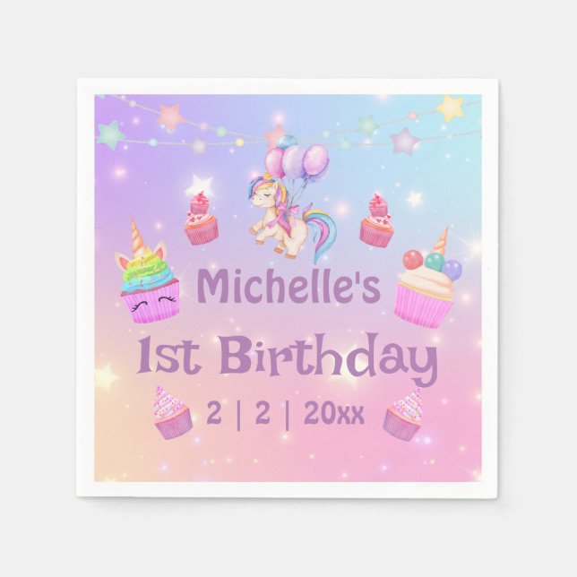 1st birthday unicorns cupcakes girly fun napkin (Front)
