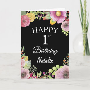1st Birthday Watercolor Floral Flowers Black Card