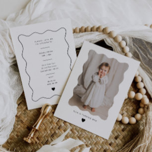 1st Birthday Wavy Photo Heart Invitation