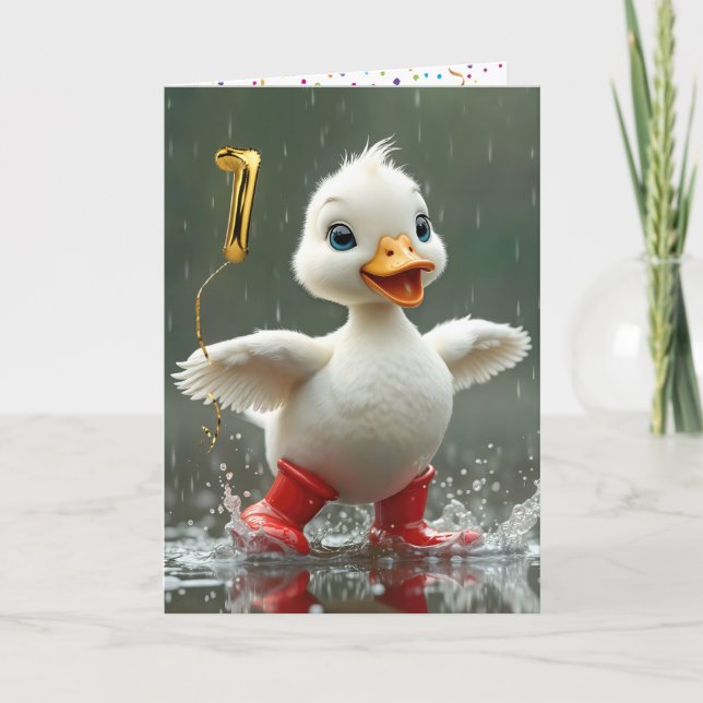 1st Birthday White Duckling In a Rain Puddle  Card (Front)