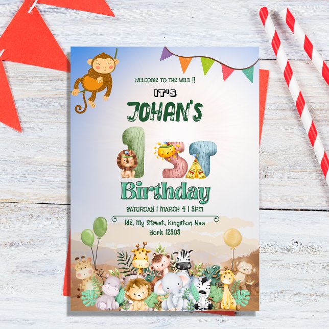 1st Birthday Wild Jungle Safari Themed Invitation (Creator Uploaded)